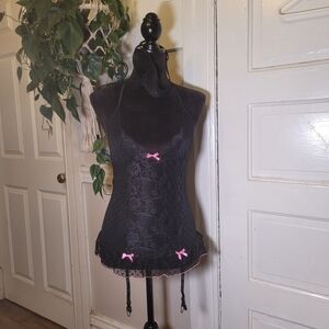 Black & Pink Lace Lingerie Matching Adjustable Thong